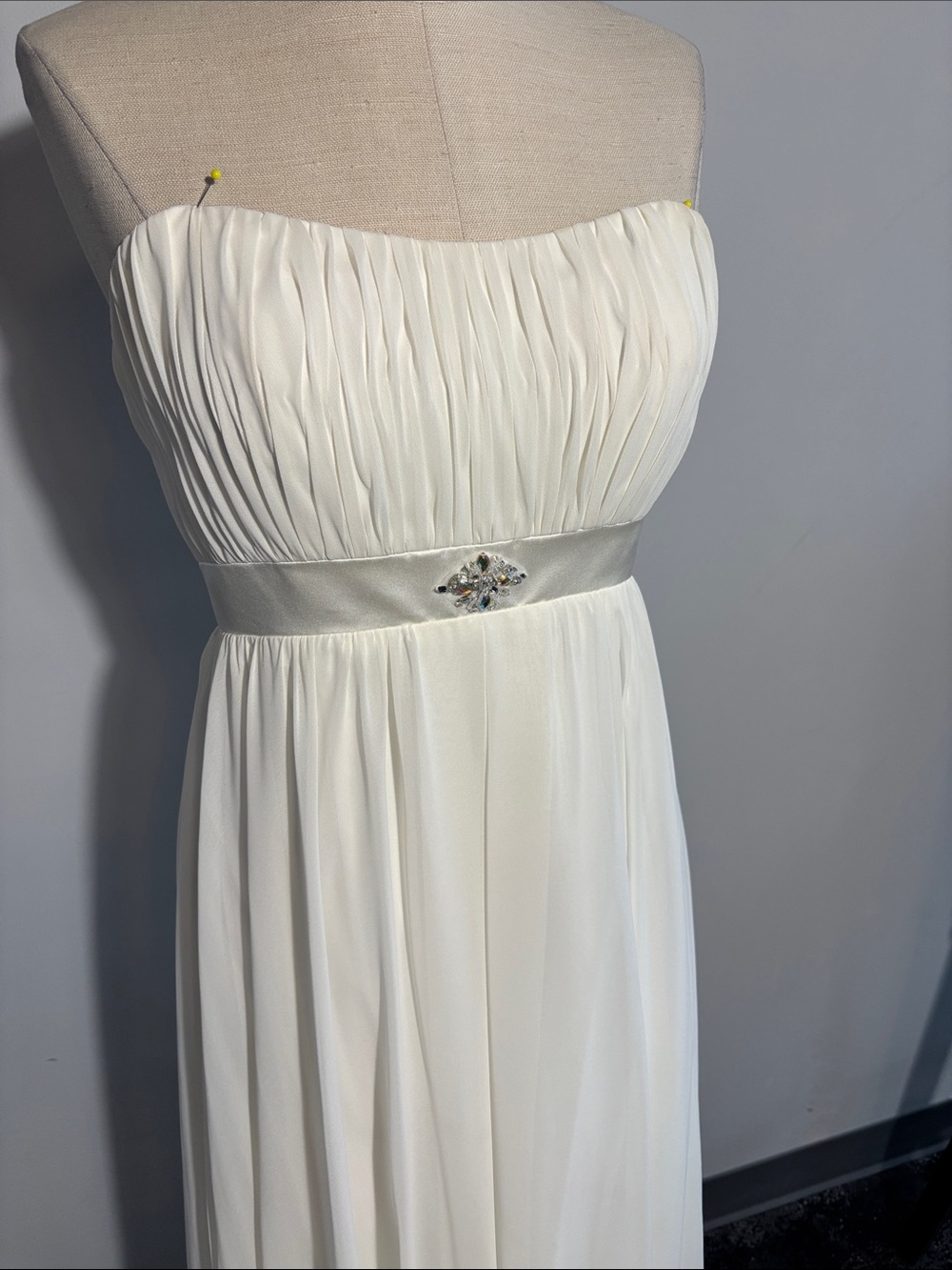 Ivory Strapless Pleated Chiffon Dress with Satin Waistband